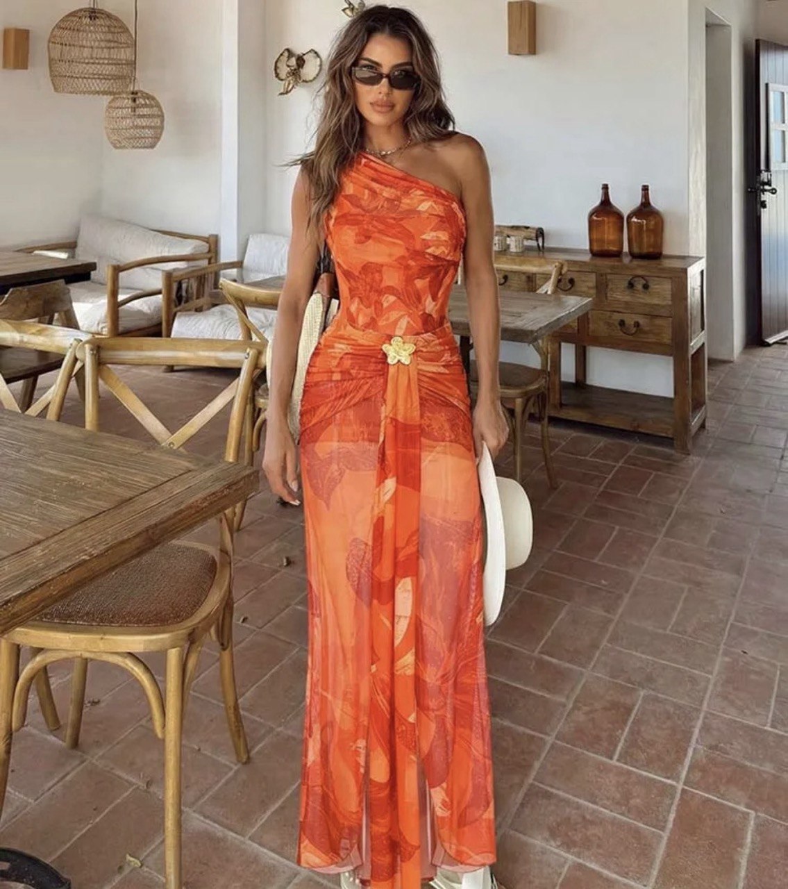 Orange Lily Print One Piece Swimsuit and Sarong Set