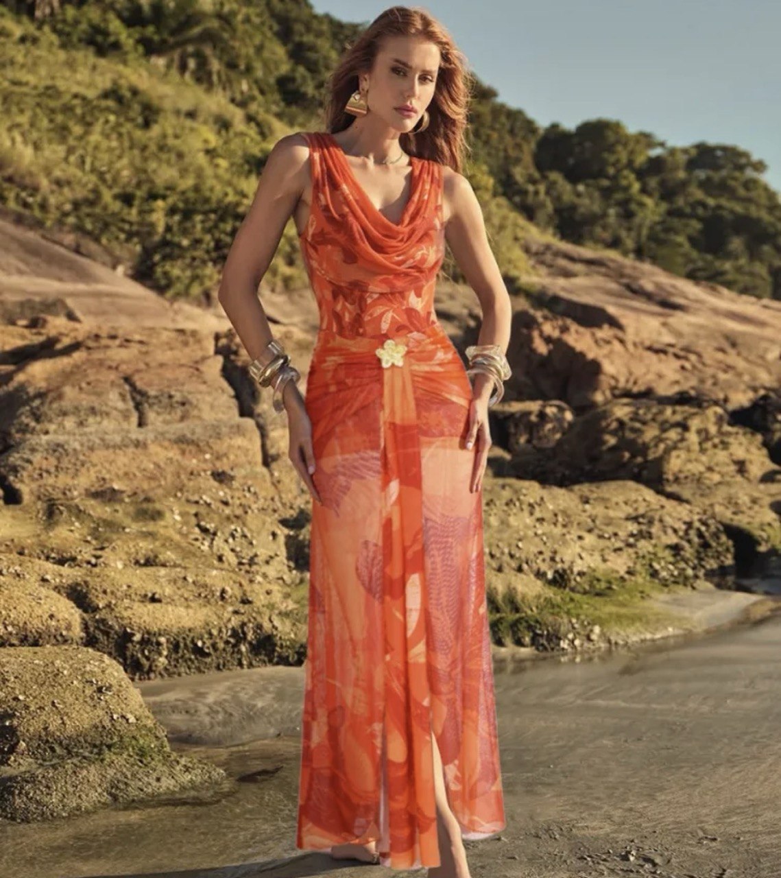 Orange Lily Print One Piece Swimsuit and Sarong Set