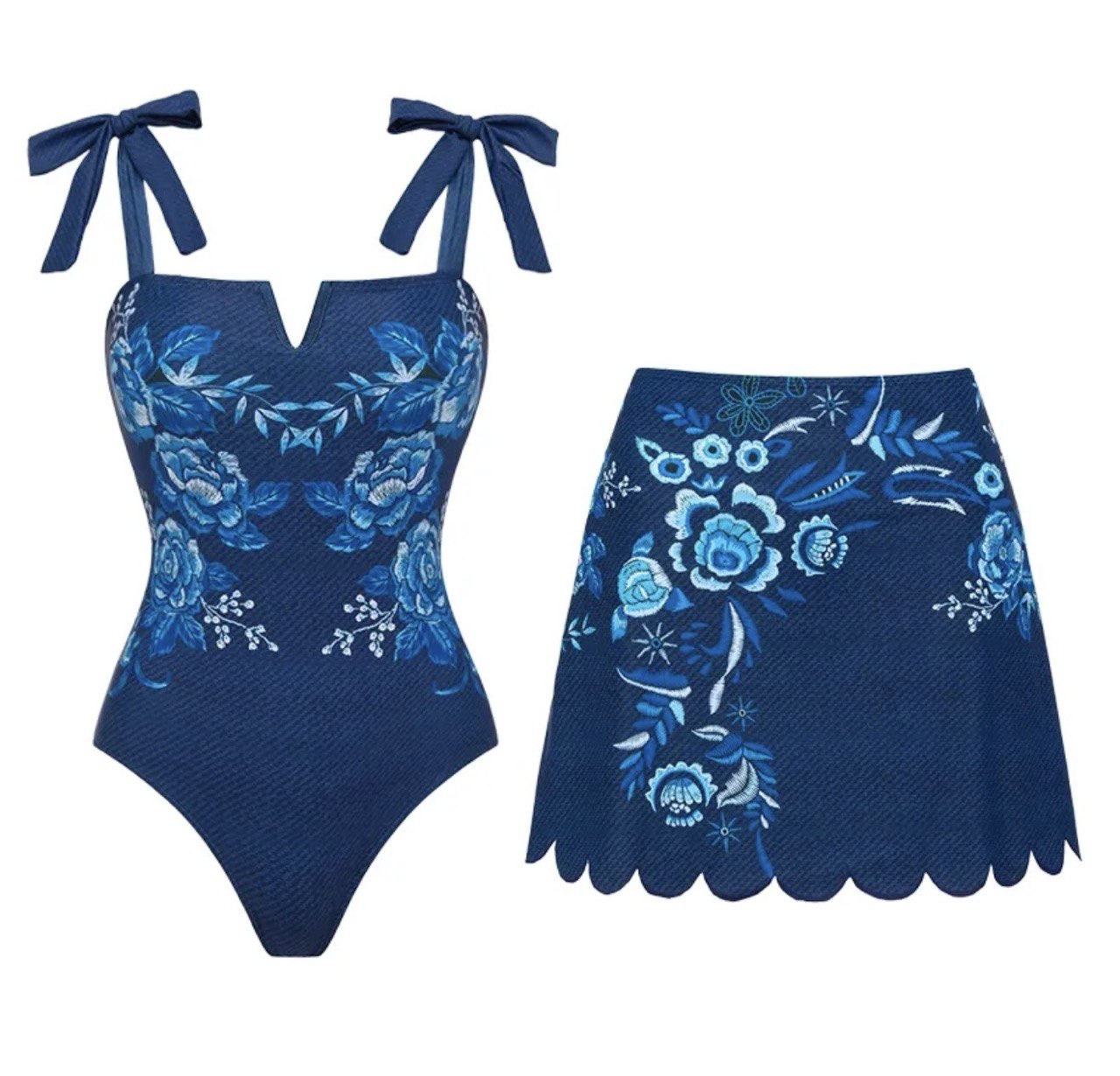 Embroidery Printed Bowknot Shoulder One Piece Set