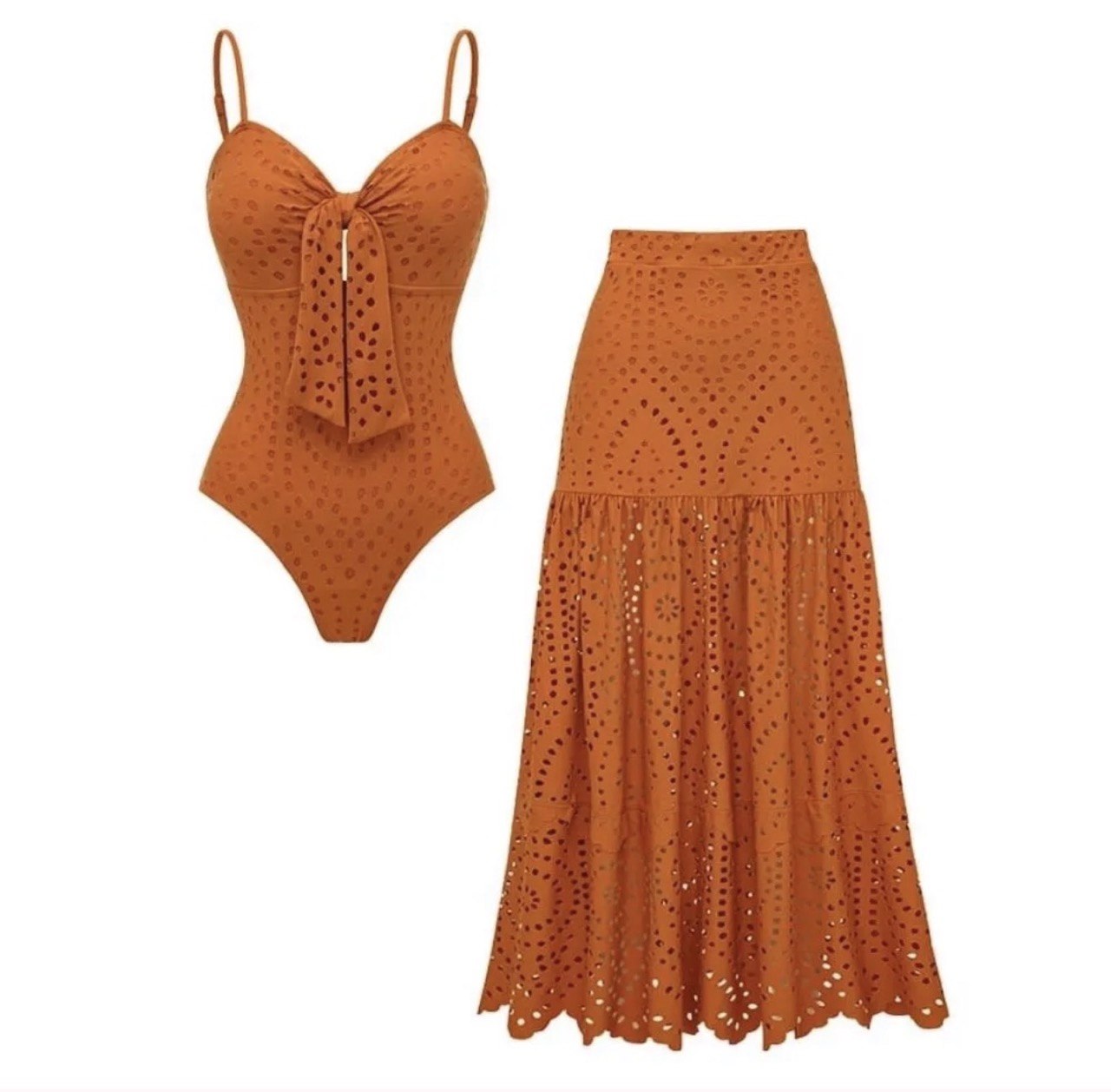 Sling Cut Out Bow Tie One Piece Swimsuit and Skirt Set