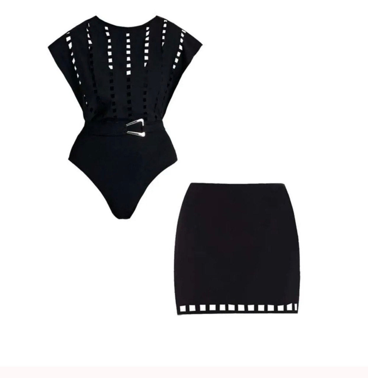 Black Hollow Design One Piece Swimsuit Set