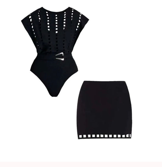 Black Hollow Design One Piece Swimsuit Set