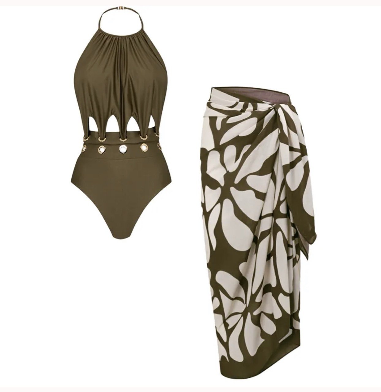 Halter-neck Olive Green Hollow Out Swimsuit Set