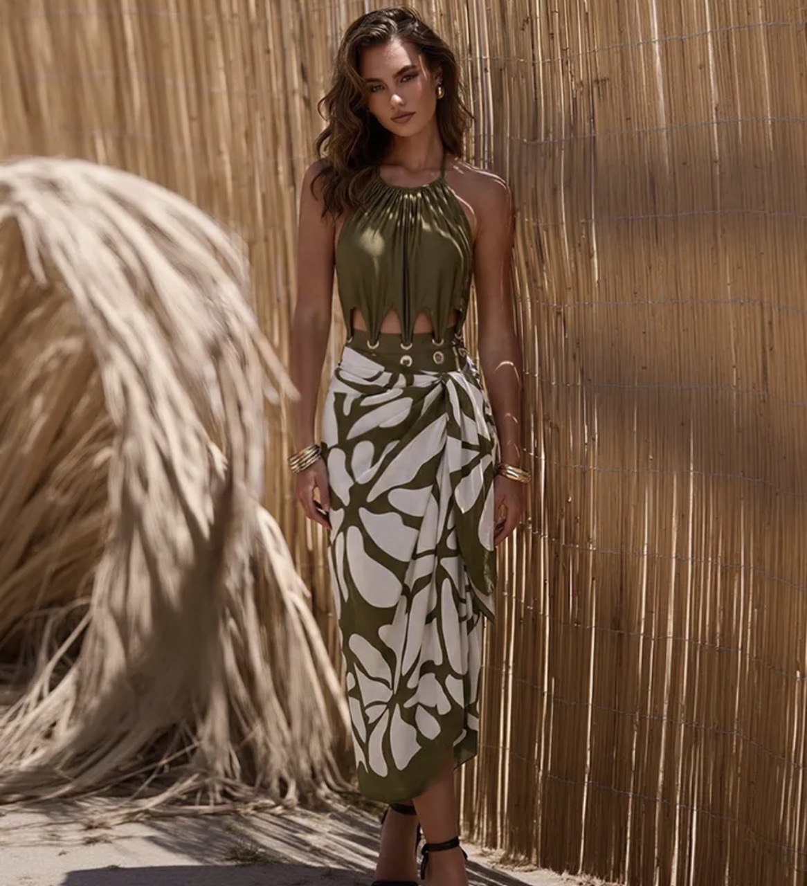 Halter-neck Olive Green Hollow Out Swimsuit Set