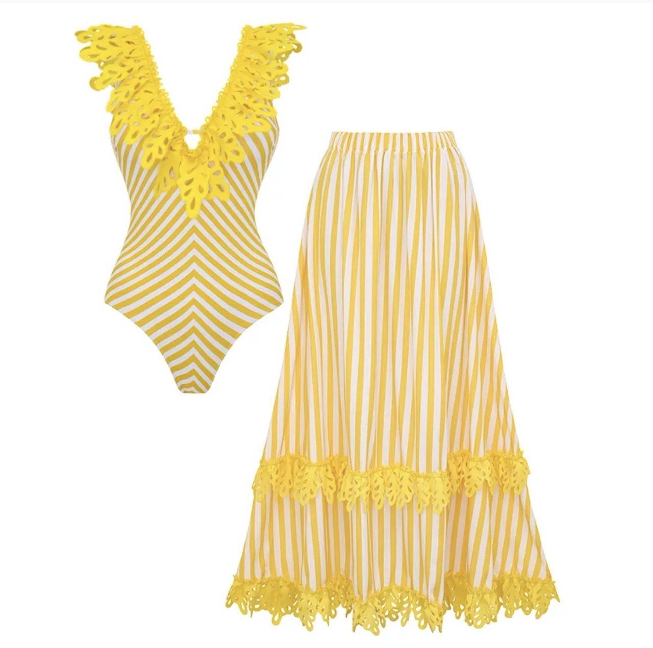 Lemon Breeze' Lace Trim Swimwear - Striped One Piece and Maxi Skirt