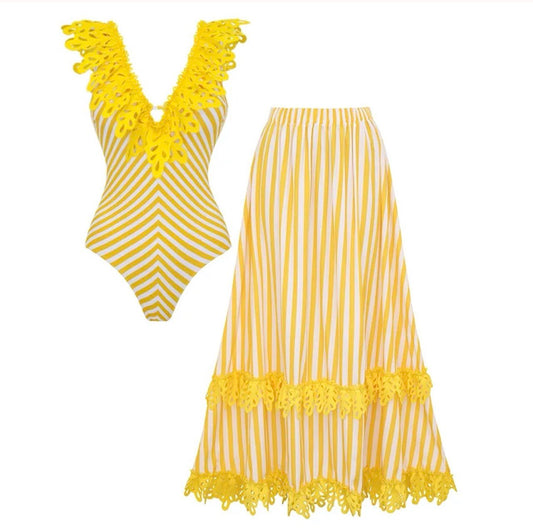 Lemon Breeze' Lace Trim Swimwear - Striped One Piece and Maxi Skirt