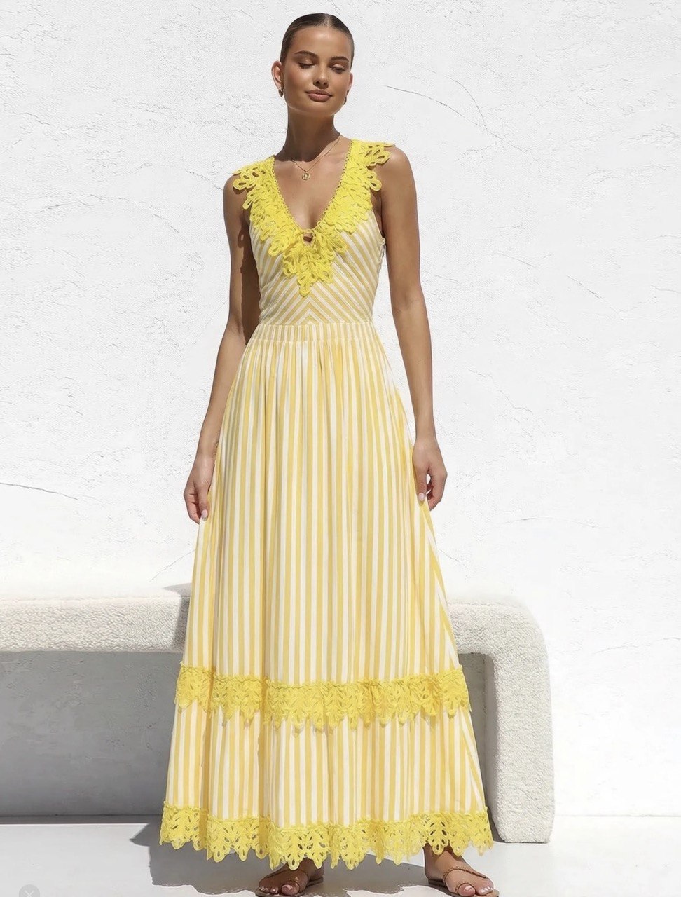 Lemon Breeze' Lace Trim Swimwear - Striped One Piece and Maxi Skirt