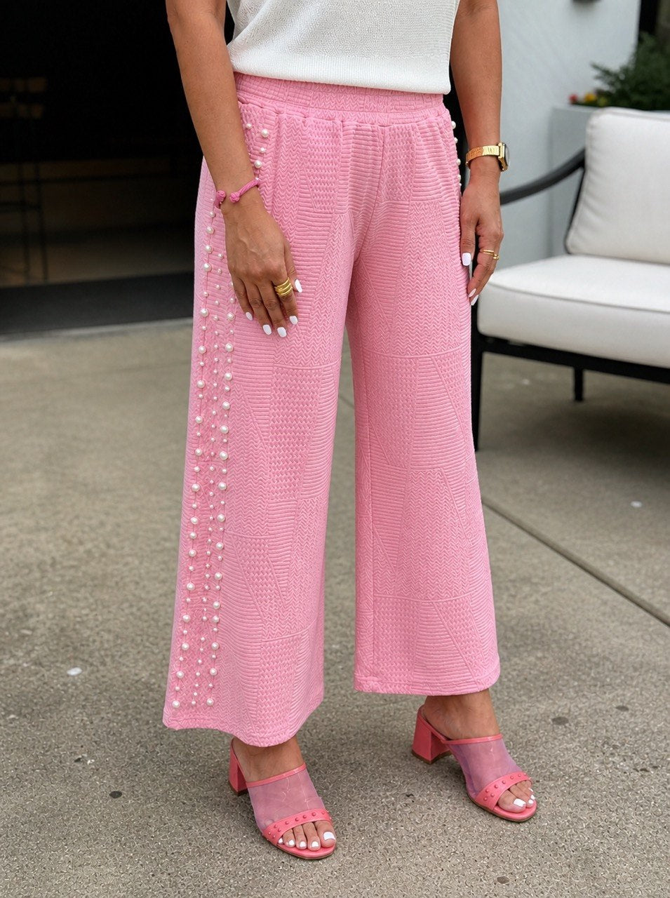 Eve Jacquard Pants with Pearl Details & Side Seam