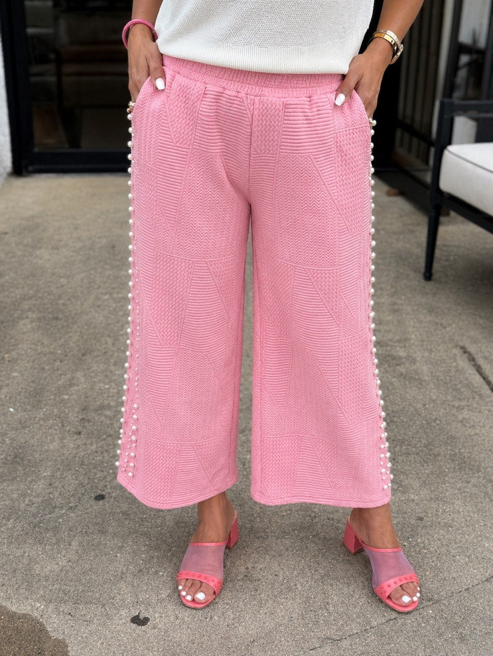 Eve Jacquard Pants with Pearl Details & Side Seam